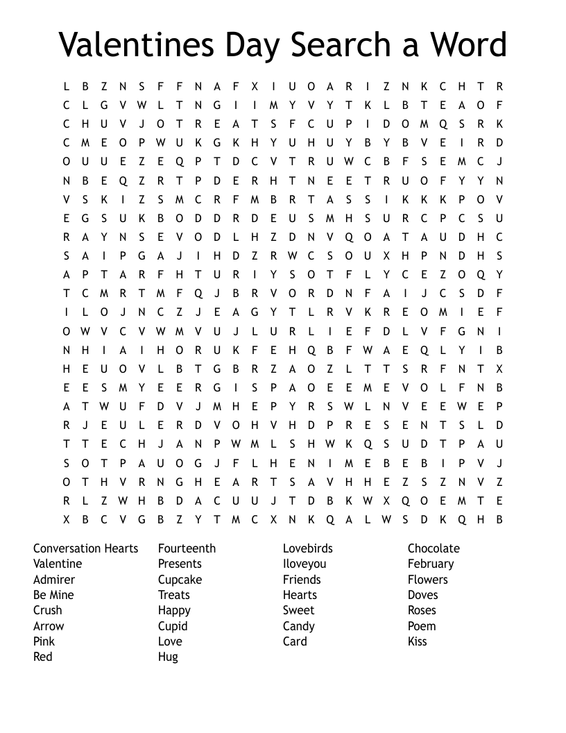 Valentines Day Search a Word Word Search