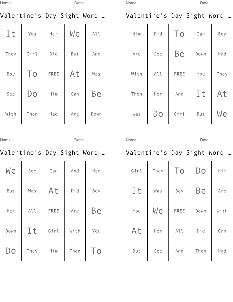 Valentine's Day Sight Word Bingo
