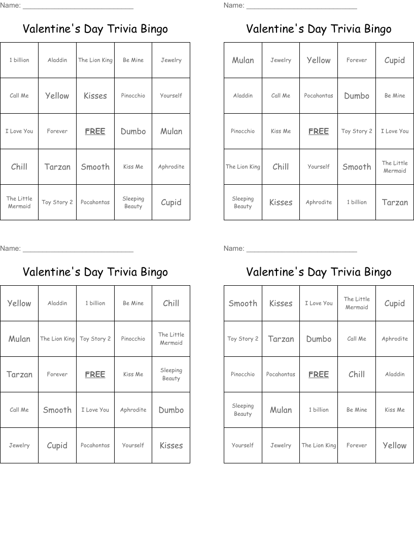 Valentine's Day Trivia Bingo