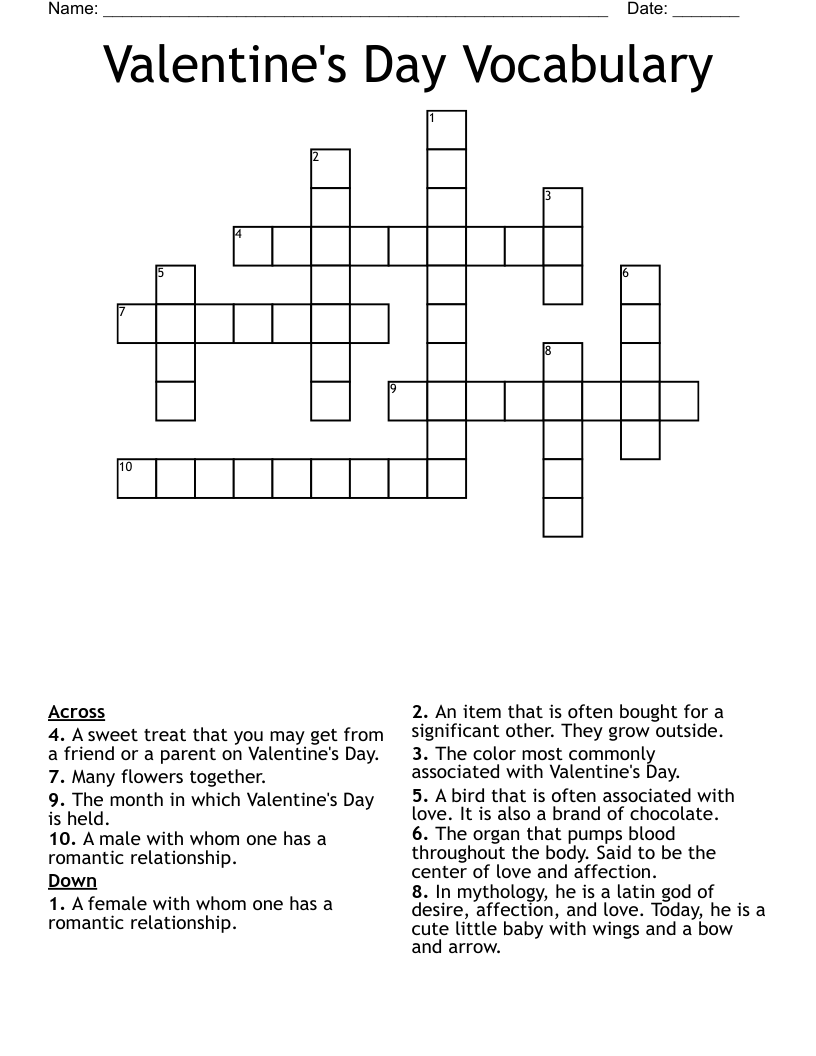 Valentine's Day Vocabulary Crossword