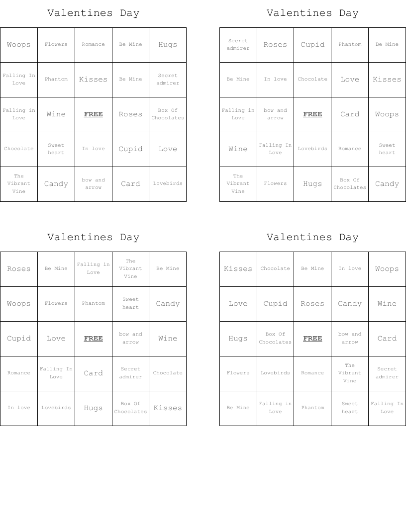 Valentines Day  Bingo Cards