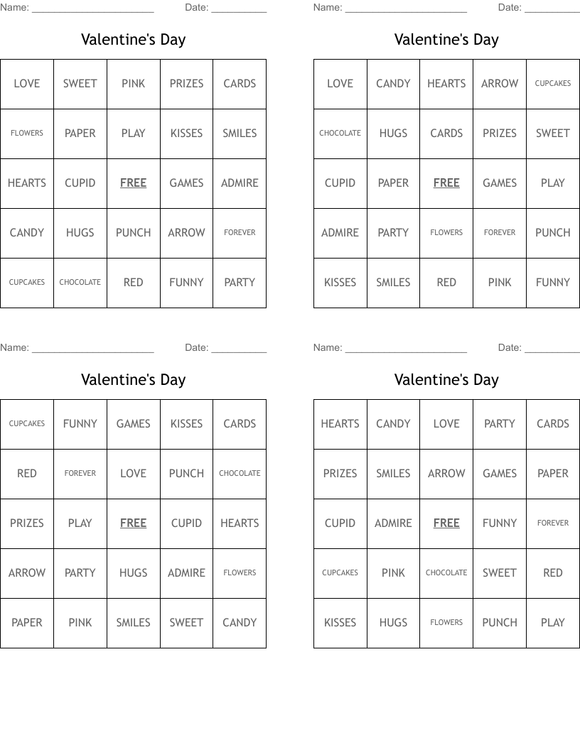 Valentine's Day  Bingo Cards