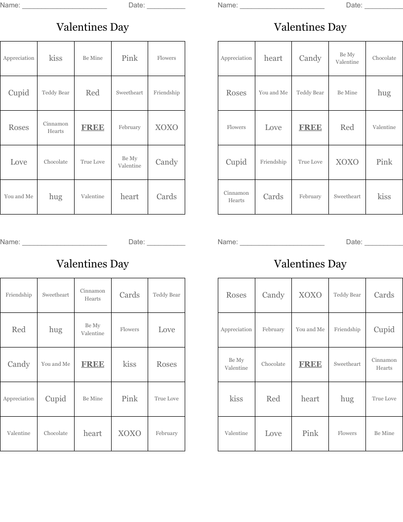 Valentines Day  Bingo Cards