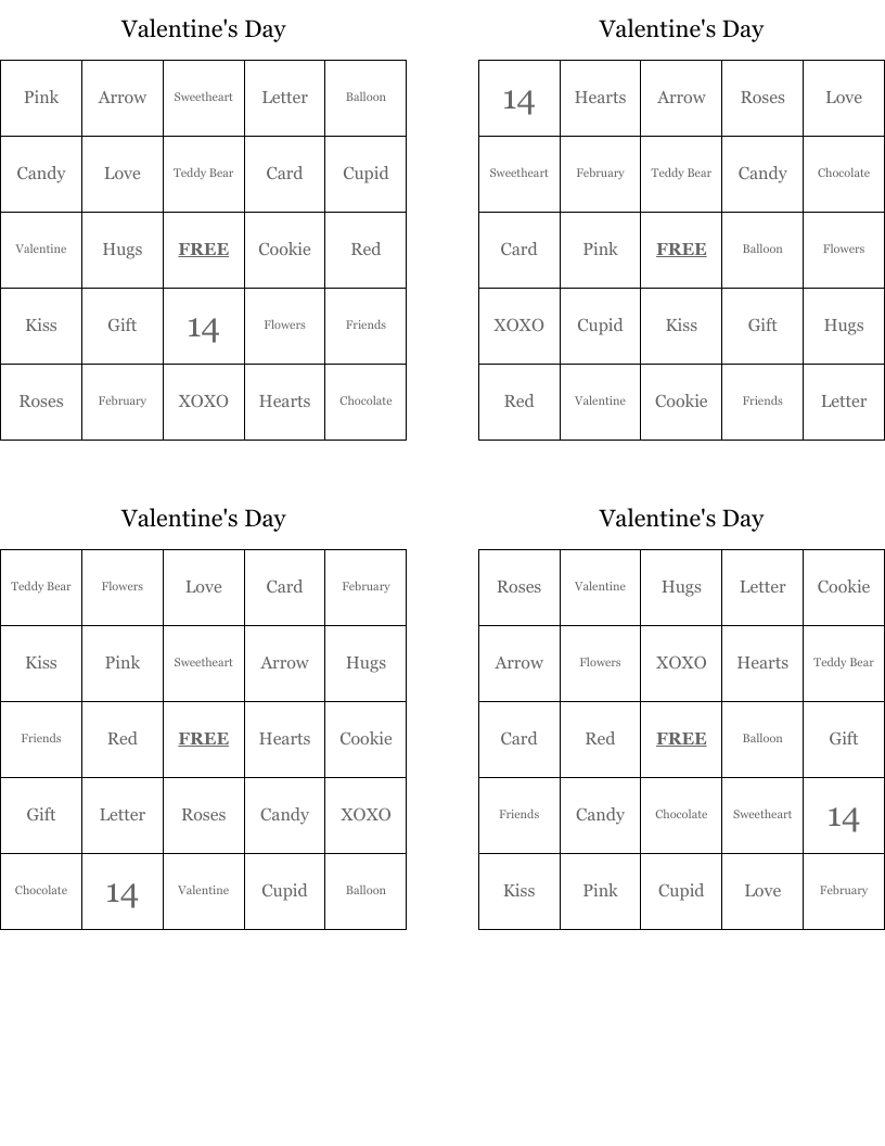 Valentine's Day  Bingo Cards