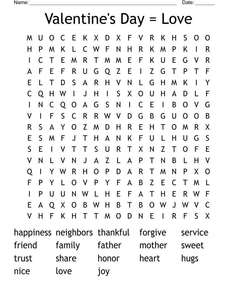Valentine's Day = Love Word Search