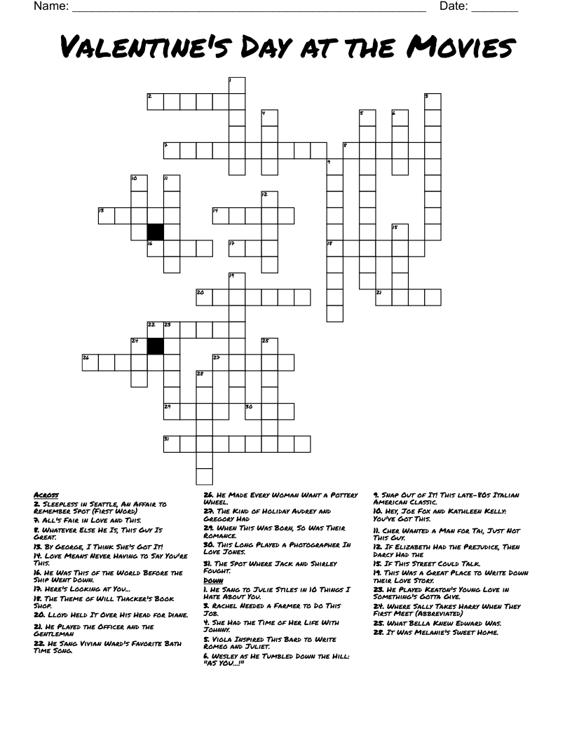 Valentine's Day at the Movies Crossword