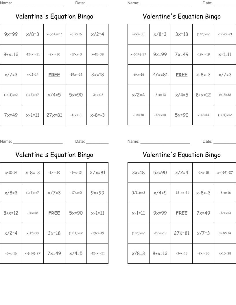 Valentine's Equation Bingo