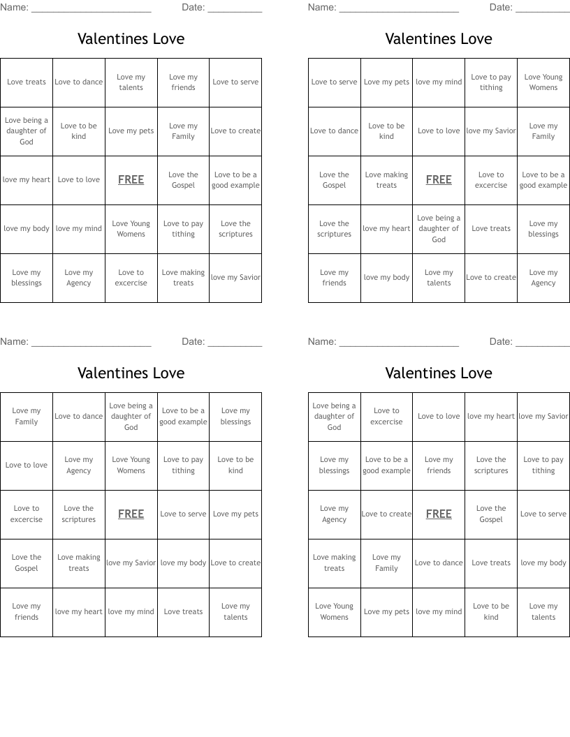 Valentines Love Bingo Cards