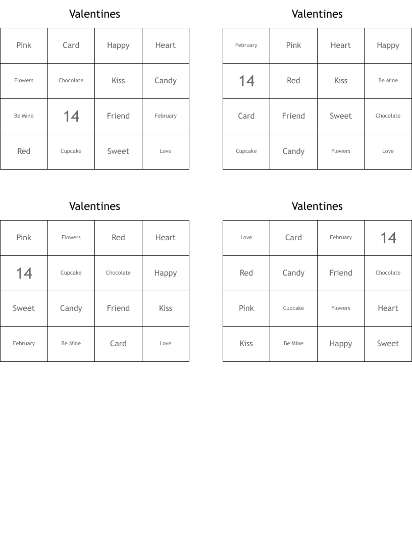 Valentines  Bingo Cards