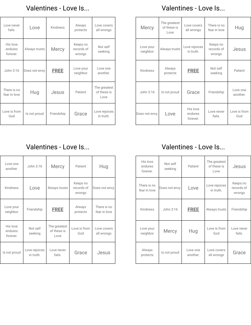 Valentines - Love Is... Bingo Cards