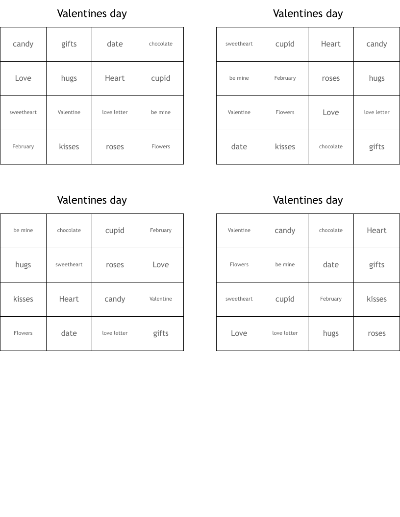 Valentines day Bingo Cards