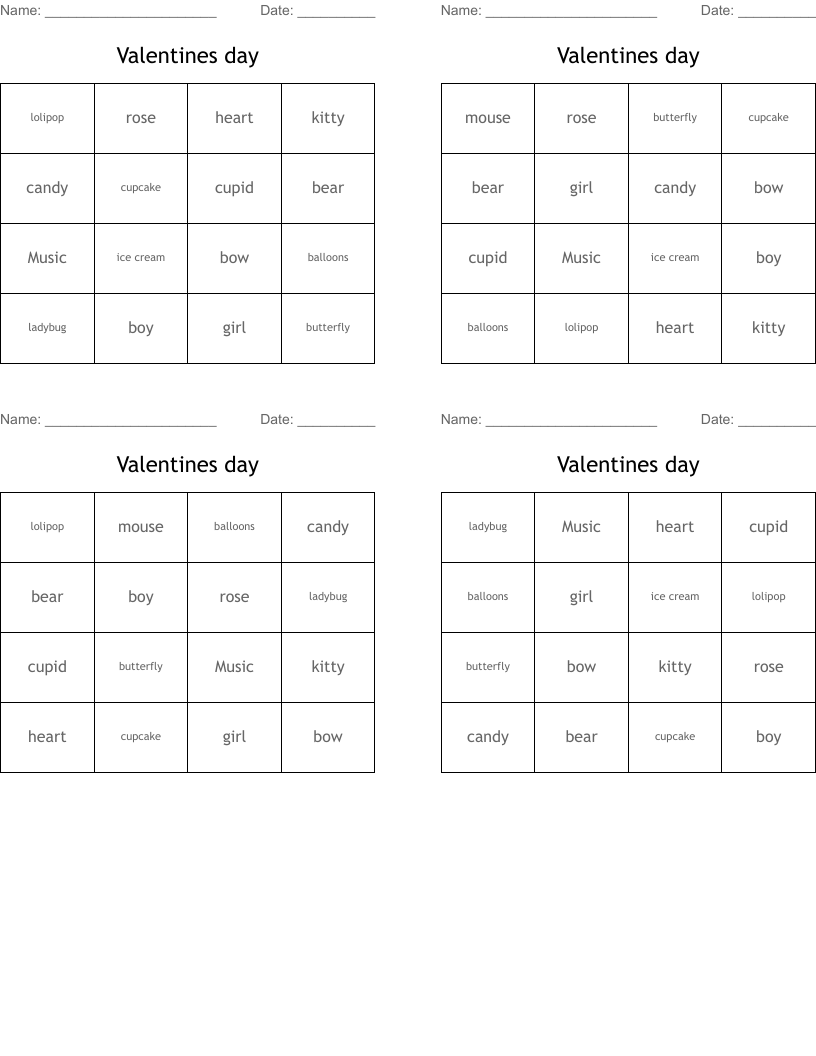 Valentines day Bingo Cards