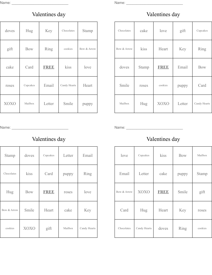 Valentines day Bingo Cards