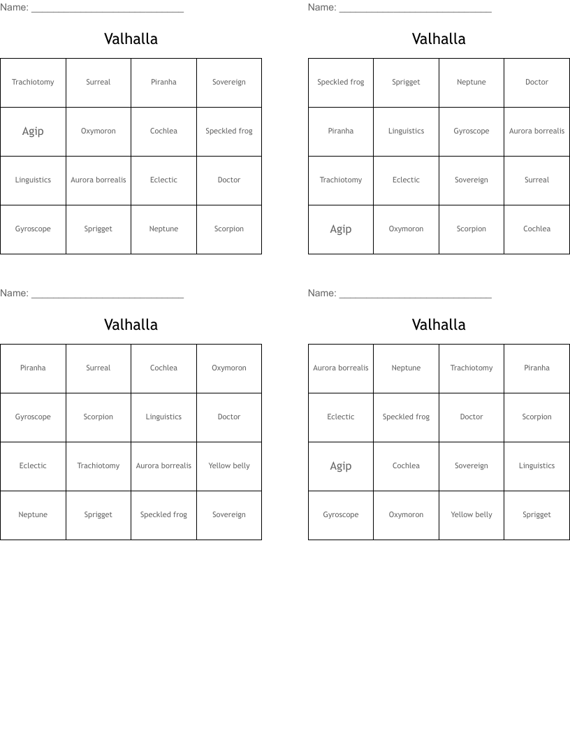 Valhalla Bingo Cards