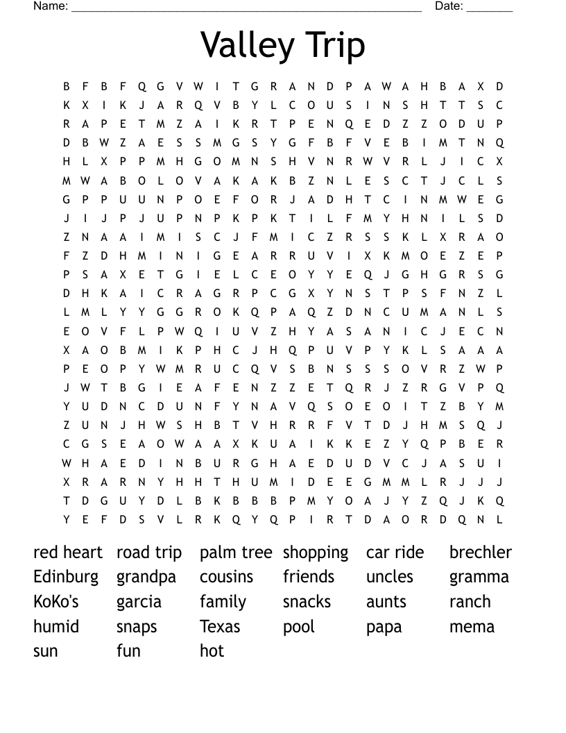 Valley Trip Word Search