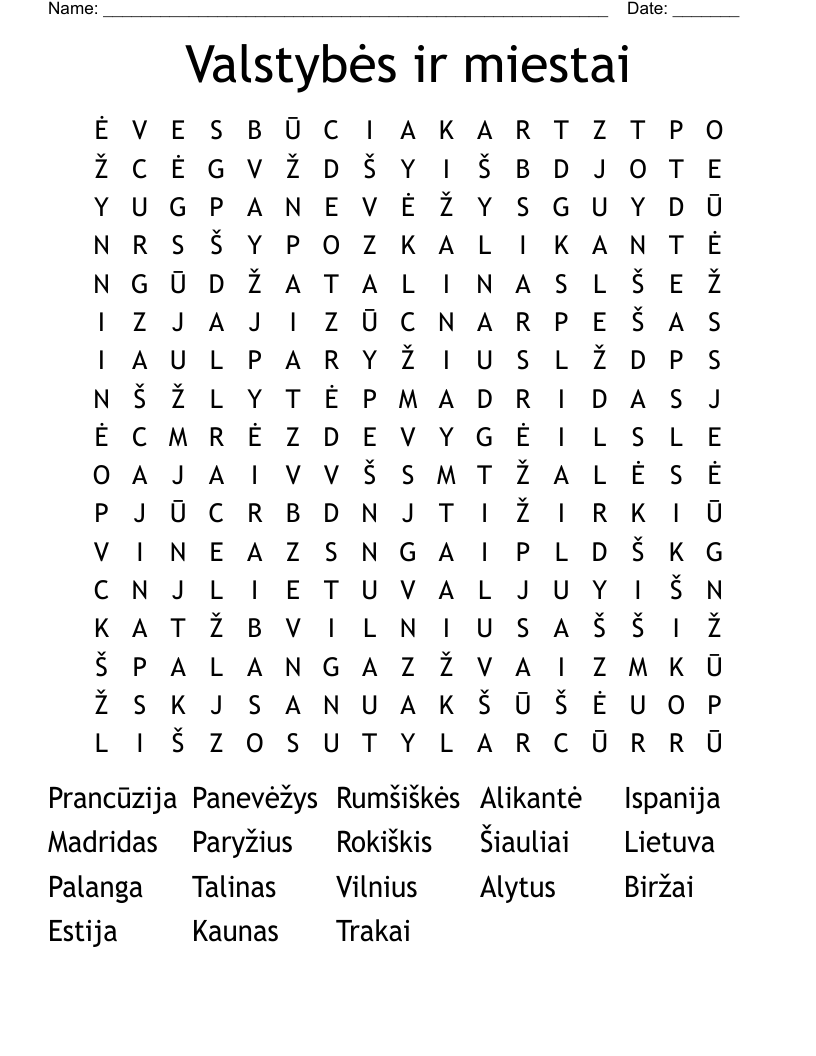 Valstybės ir miestai Word Search