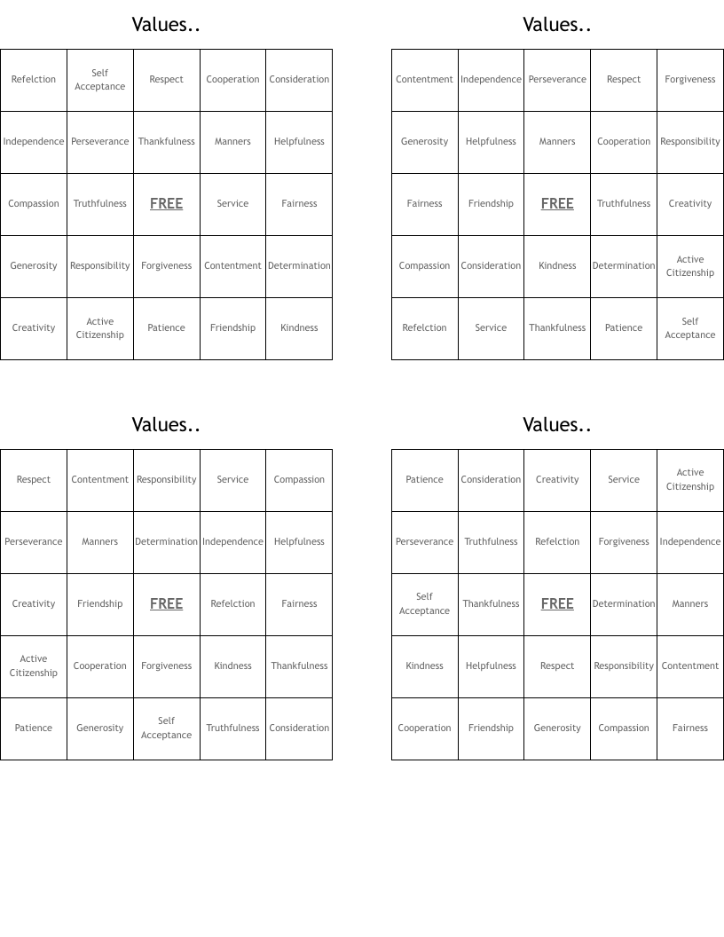 Values.. Bingo Cards