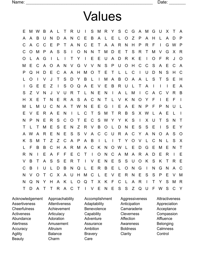 Values Word Search