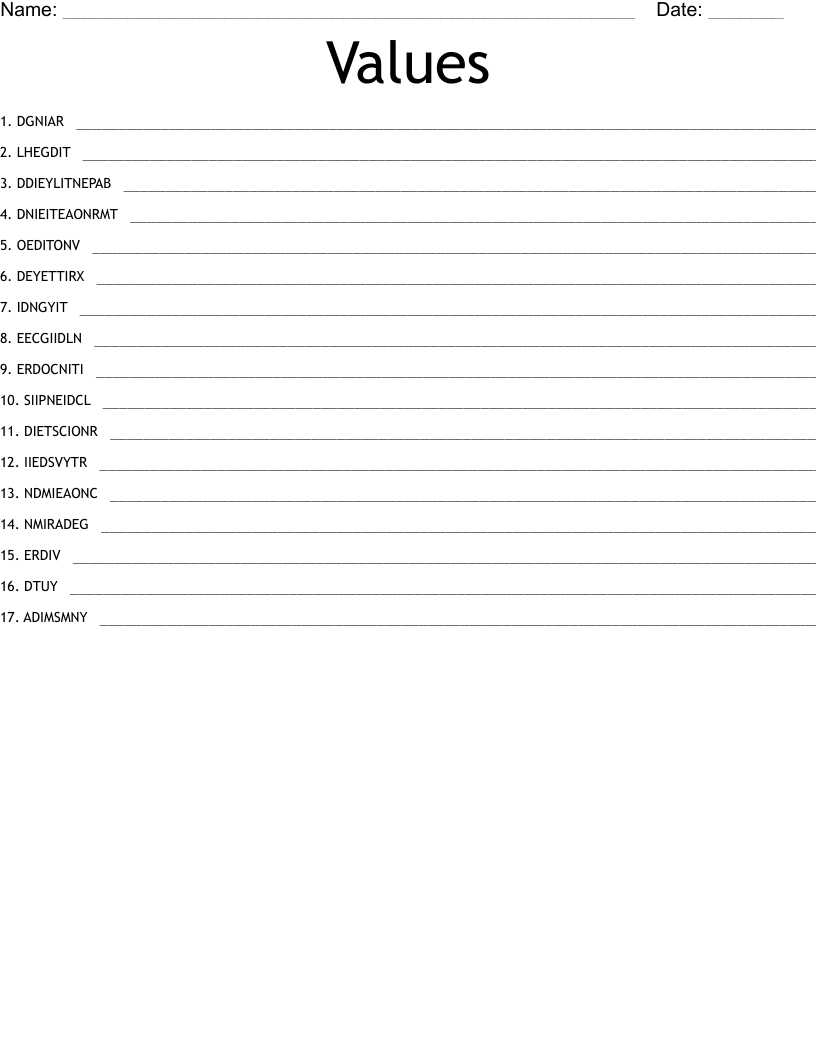 Values Word Scramble