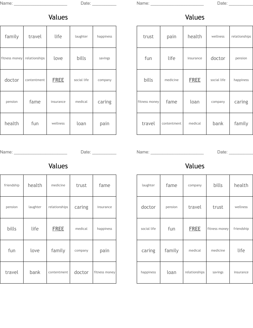 Values Bingo Cards