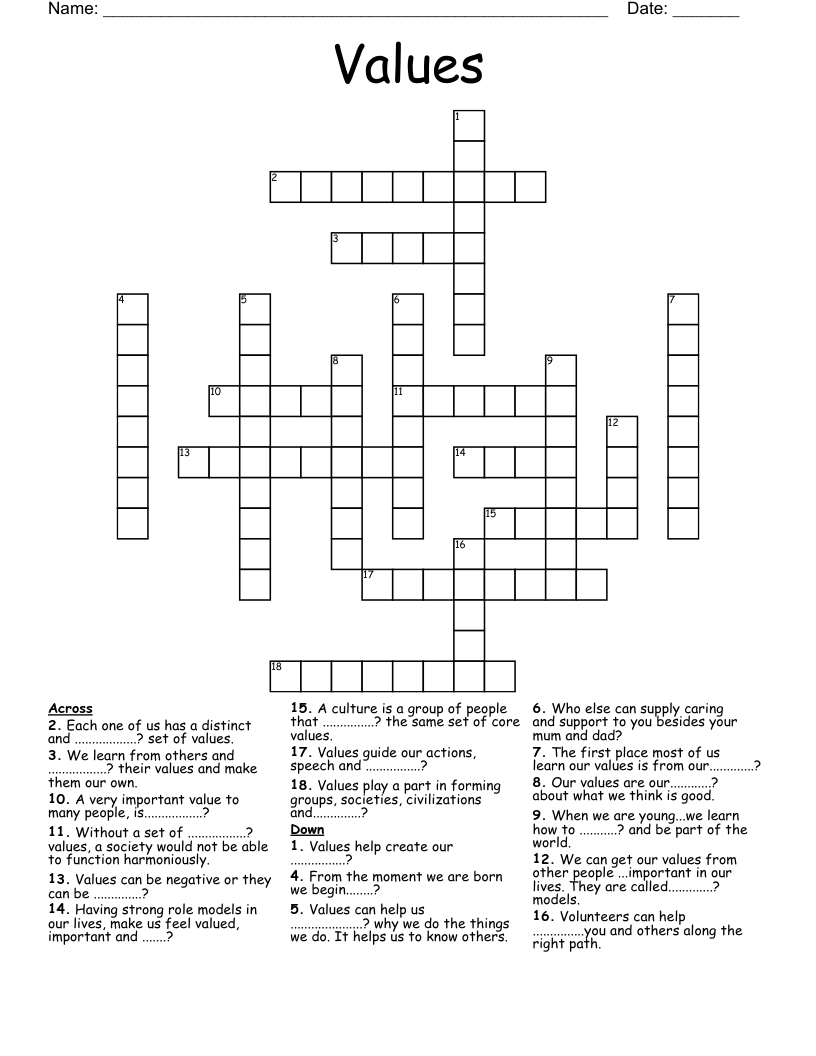 Values Crossword