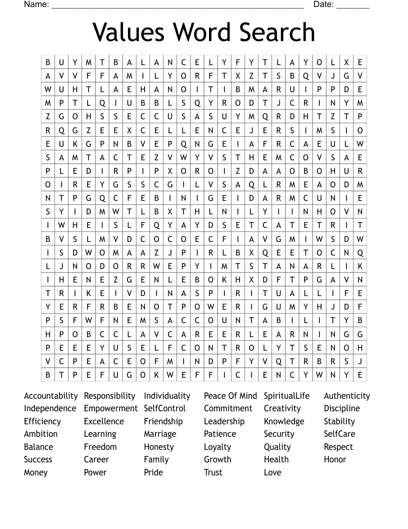 Values Word Search
