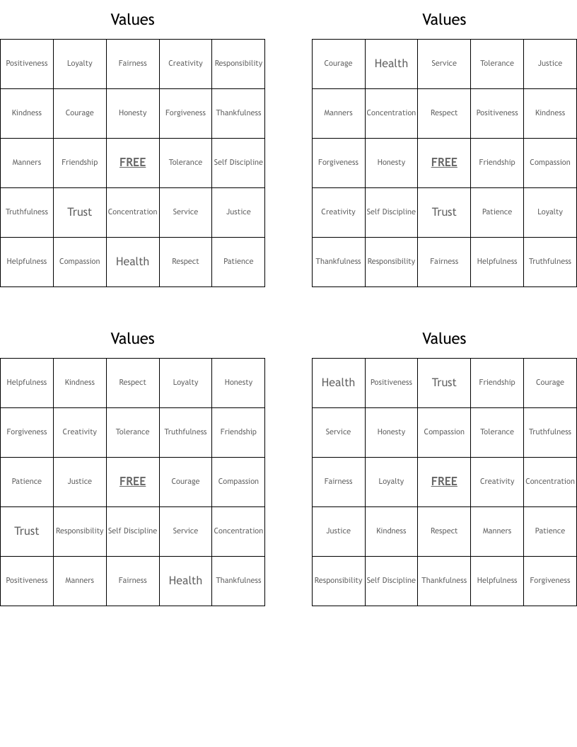 Values  Bingo Cards