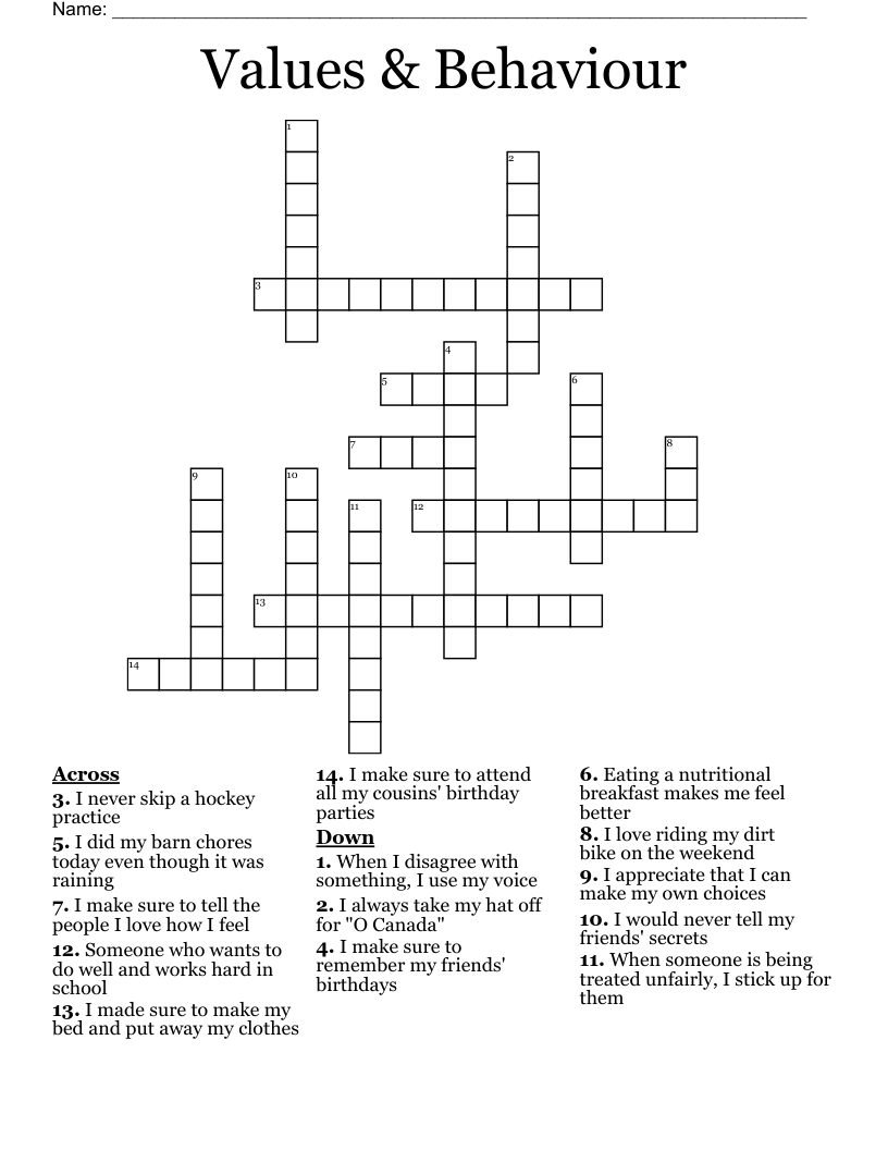 Values & Behaviour Crossword