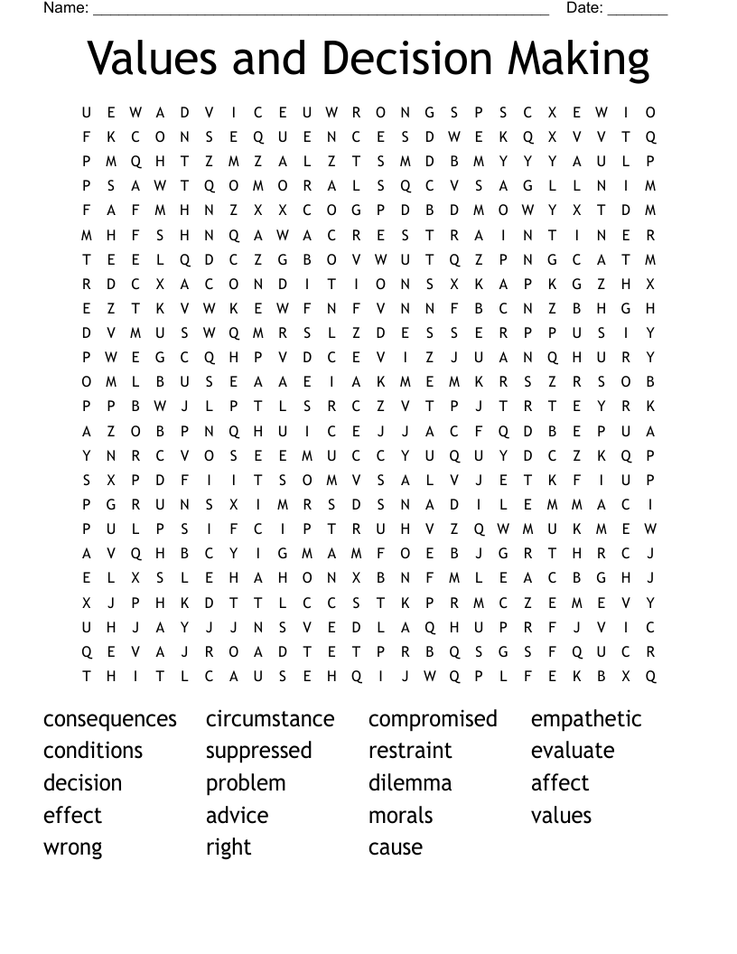 Values and Decision Making Word Search