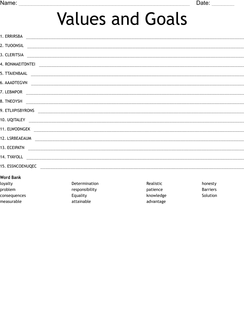 Values and Goals Word Scramble