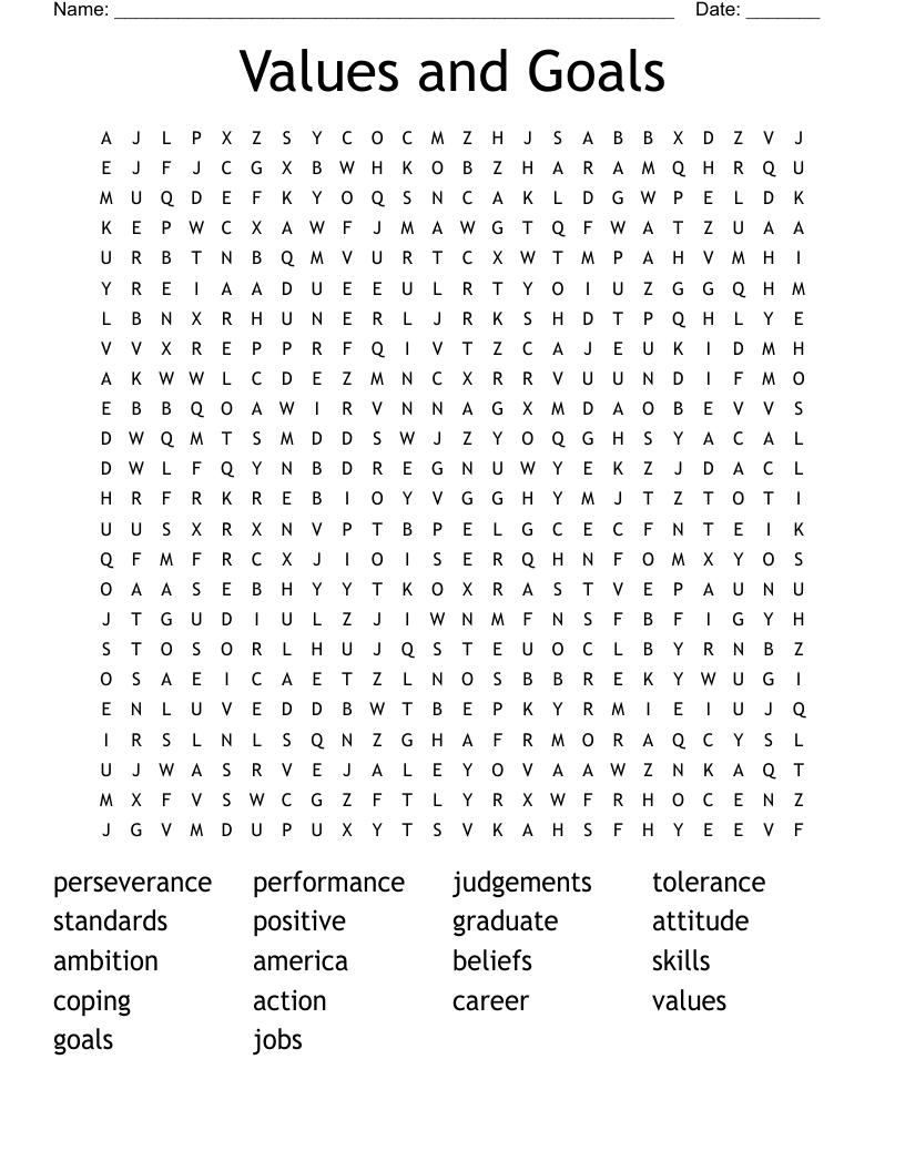 Values and Goals Word Search