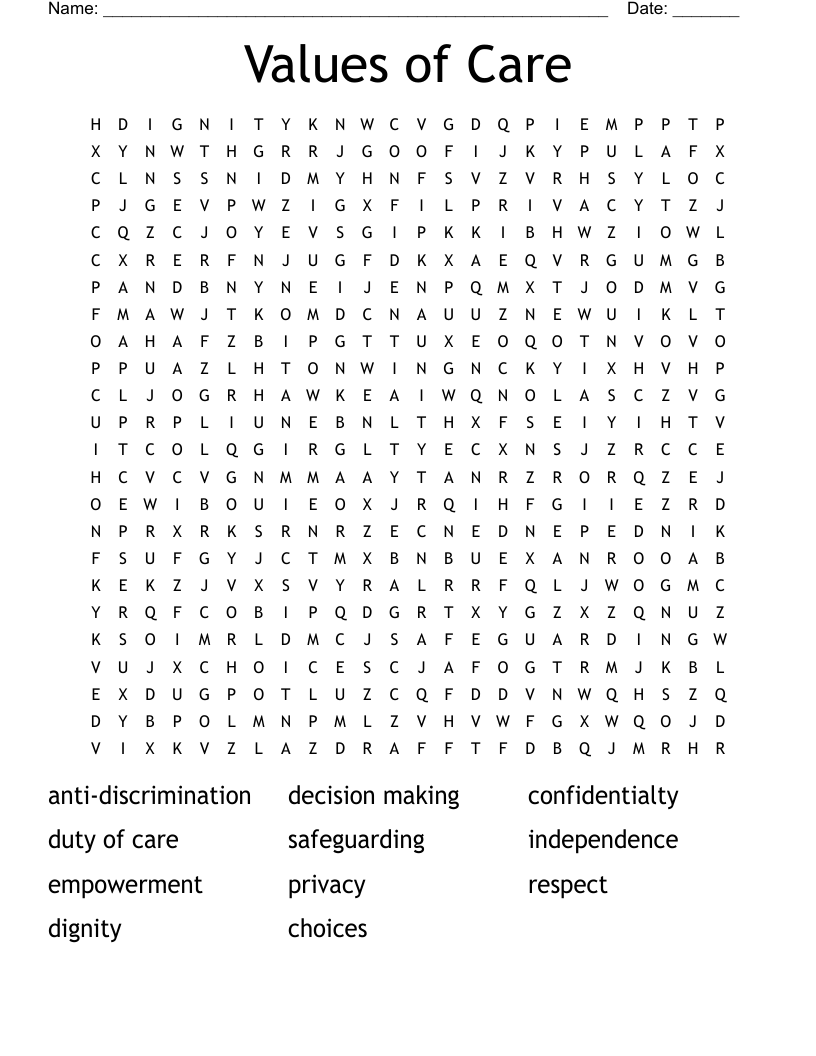 Values of Care  Word Search