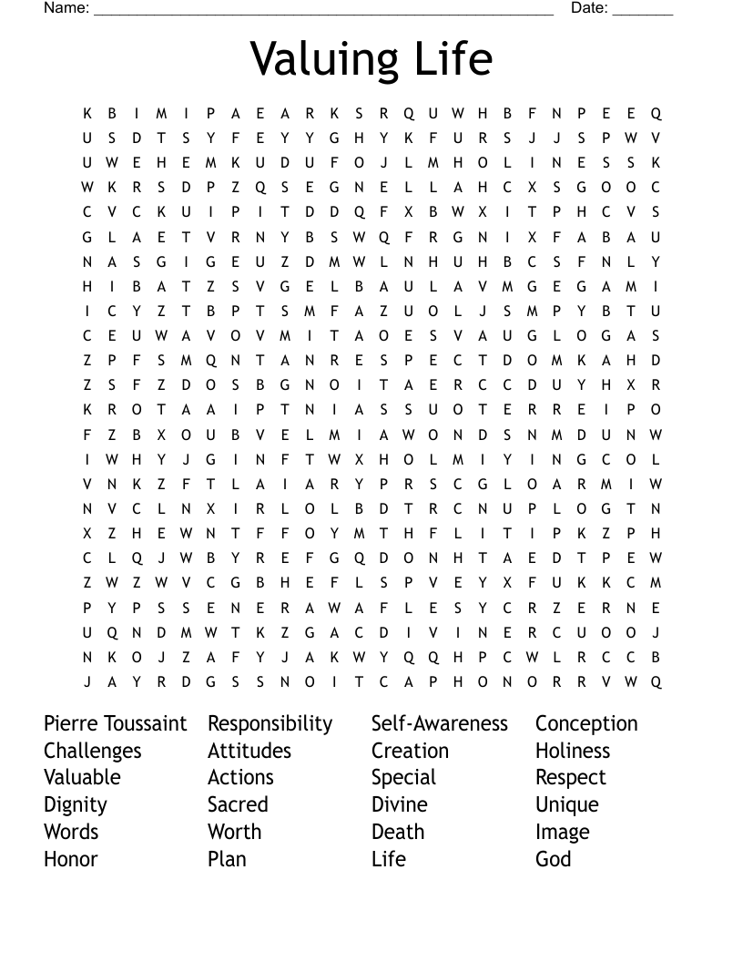 Valuing Life Word Search