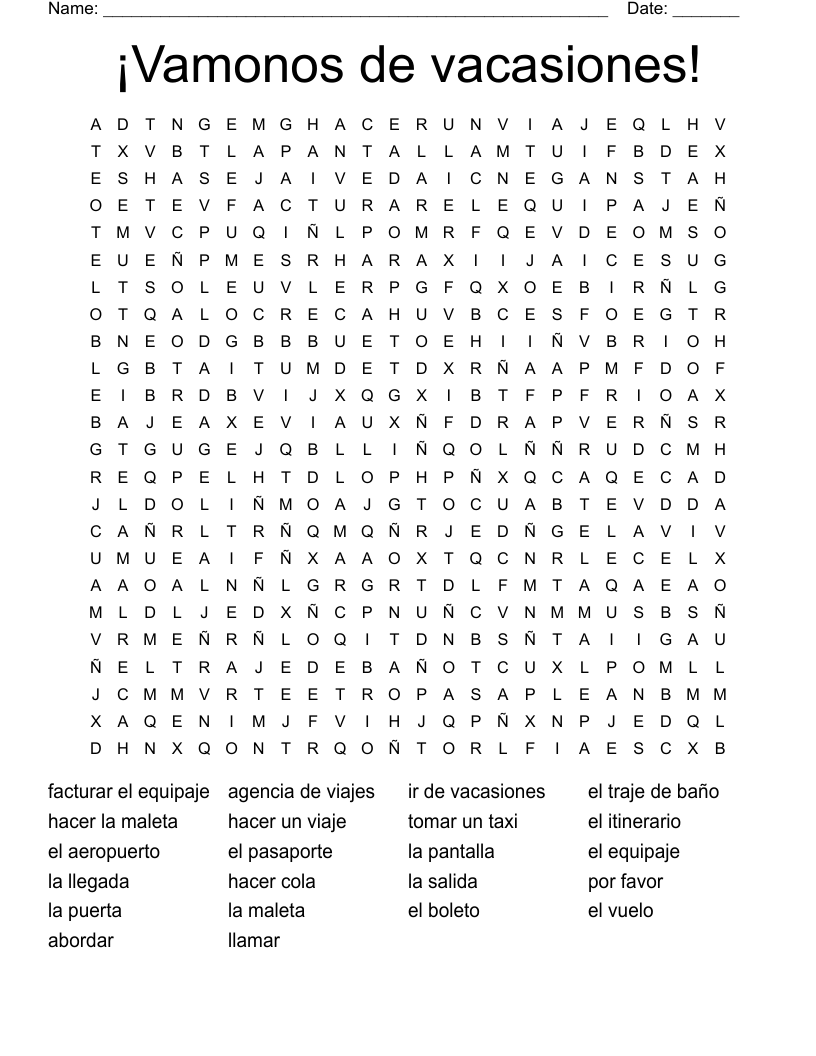 ¡Vamonos de vacasiones! Word Search