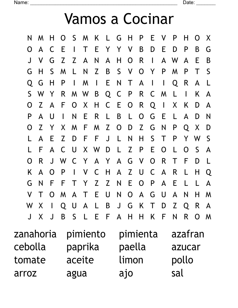 Vamos a Cocinar Word Search