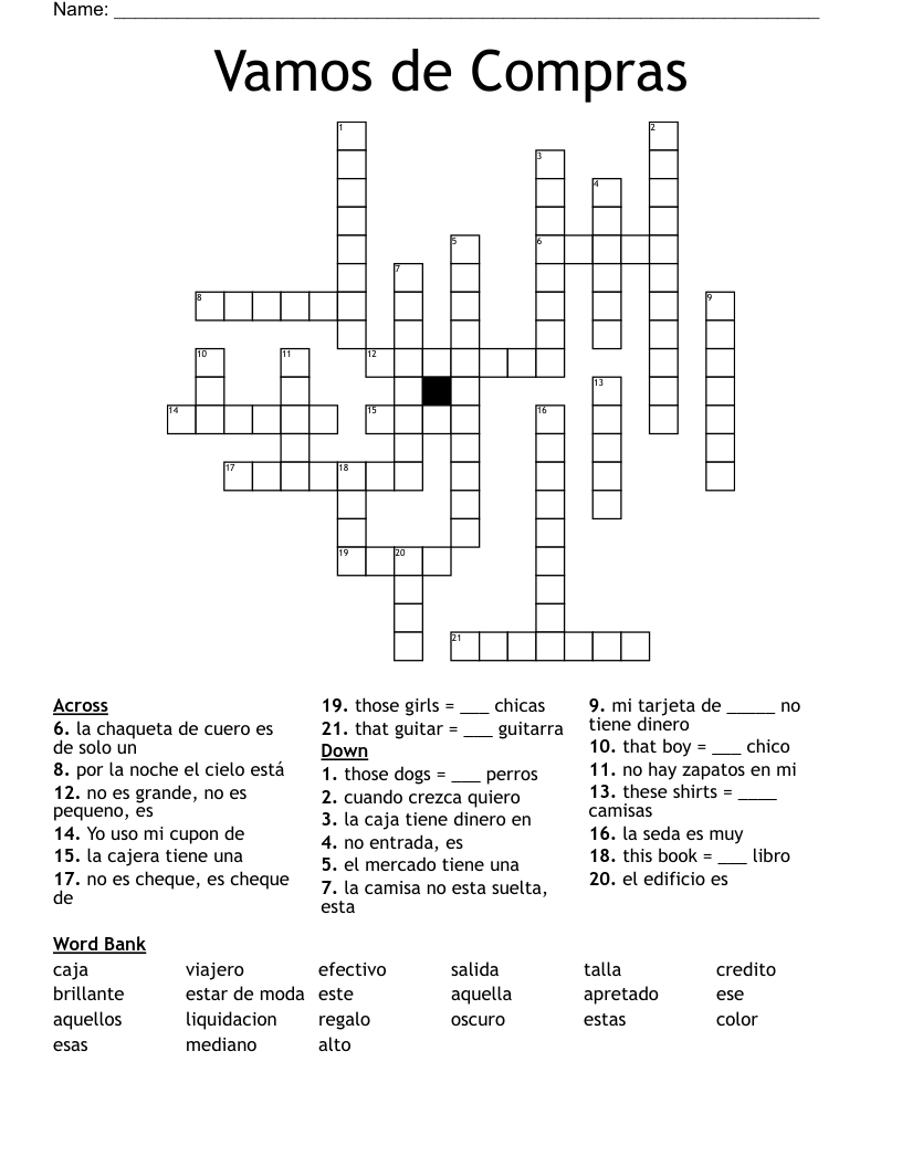 Vamos de Compras Crossword