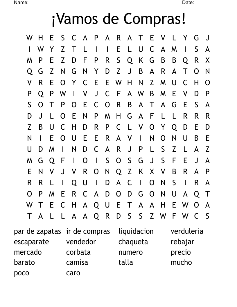 ¡Vamos de Compras! Word Search