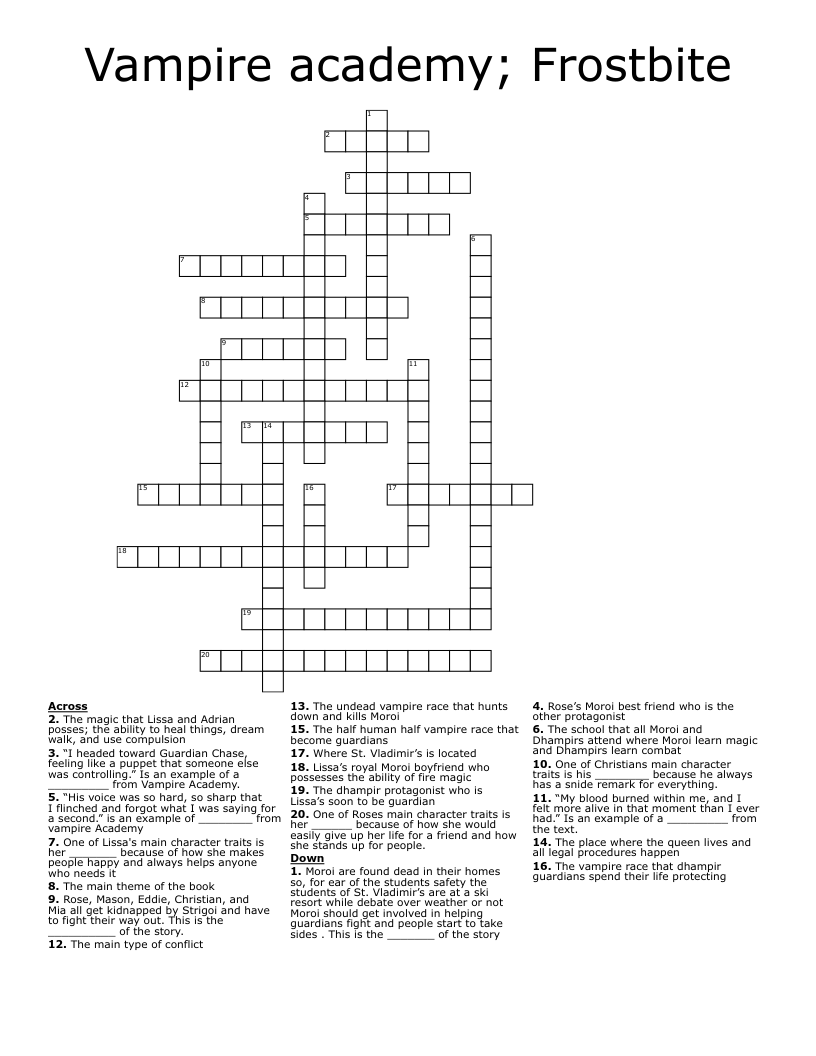 Vampire academy; Frostbite Crossword