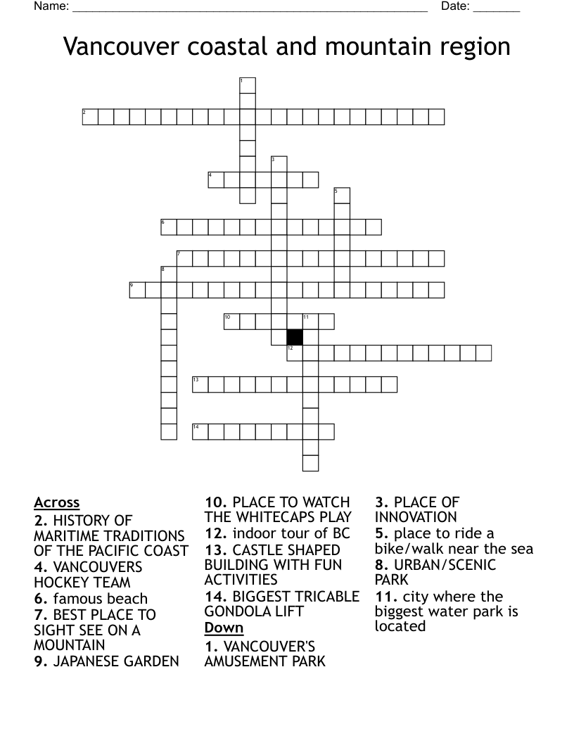Vancouver coastal and mountain region  Crossword