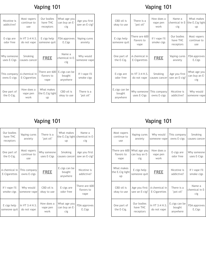 Vaping 101 Bingo Cards