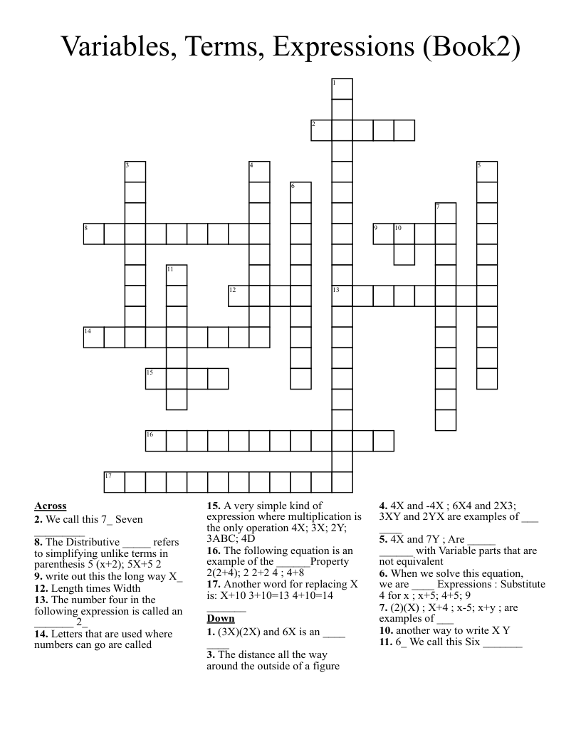 Variables, Terms, Expressions (Book2) Crossword