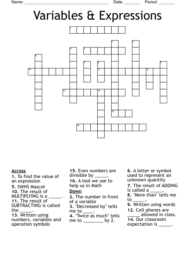 Variables & Expressions Crossword