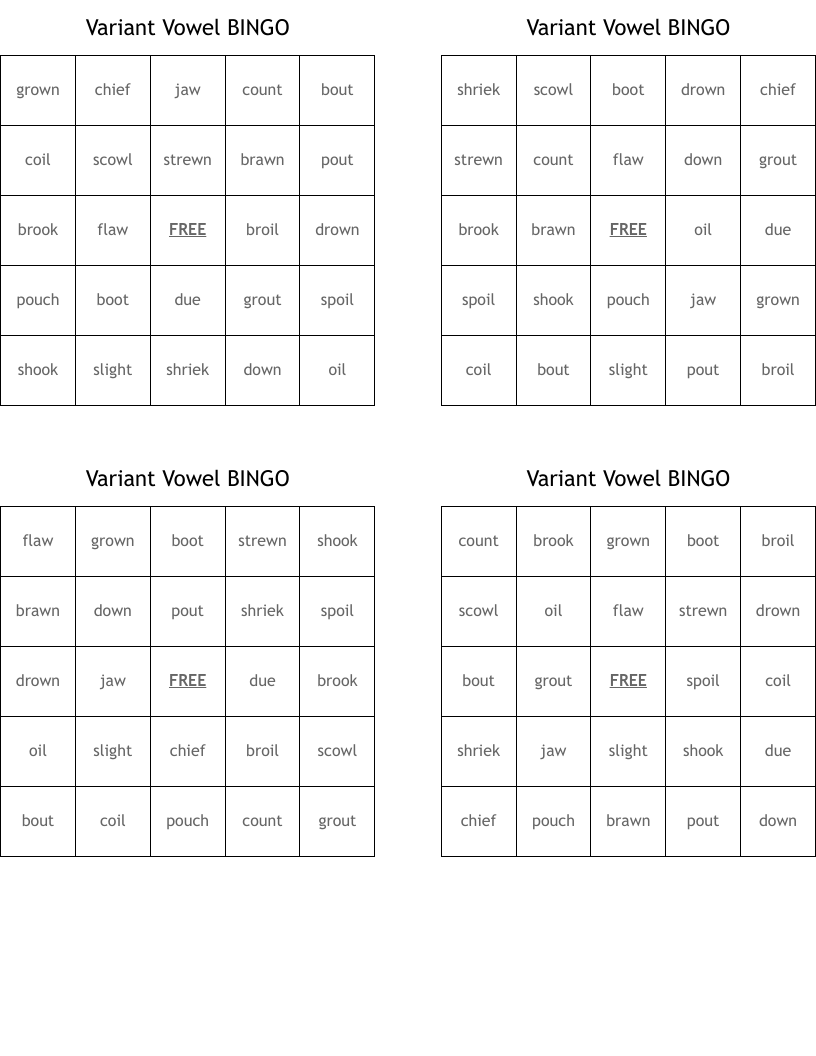 Variant Vowel BINGO