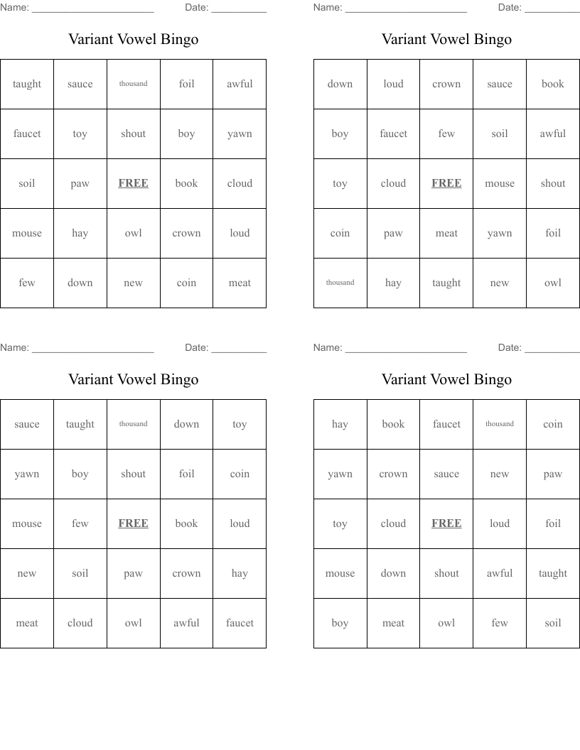 Variant Vowel Bingo