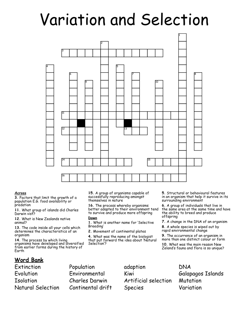 Variation and Selection Crossword