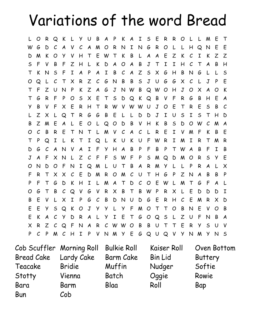 Variations of the word Bread  Word Search