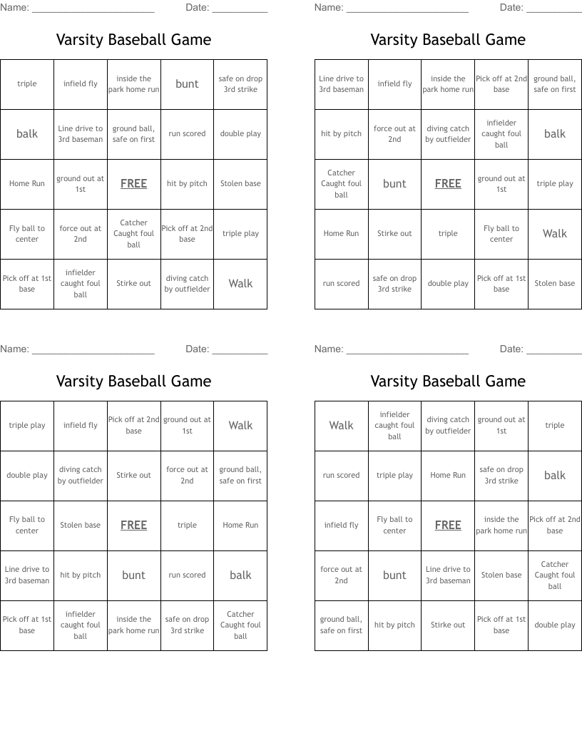 Varsity Baseball Game Bingo Cards
