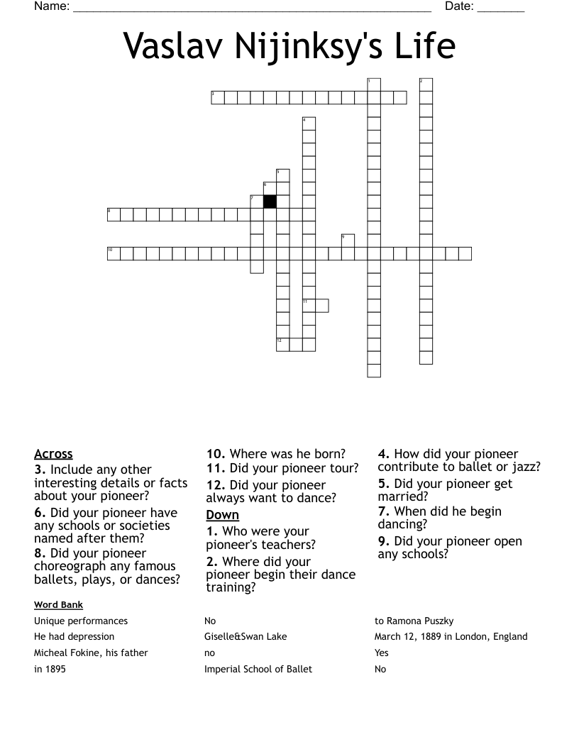 Vaslav Nijinksy's Life Crossword