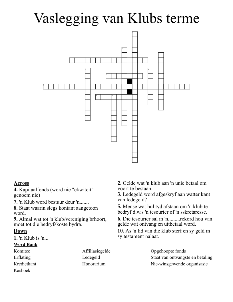 Vaslegging van Klubs terme Crossword