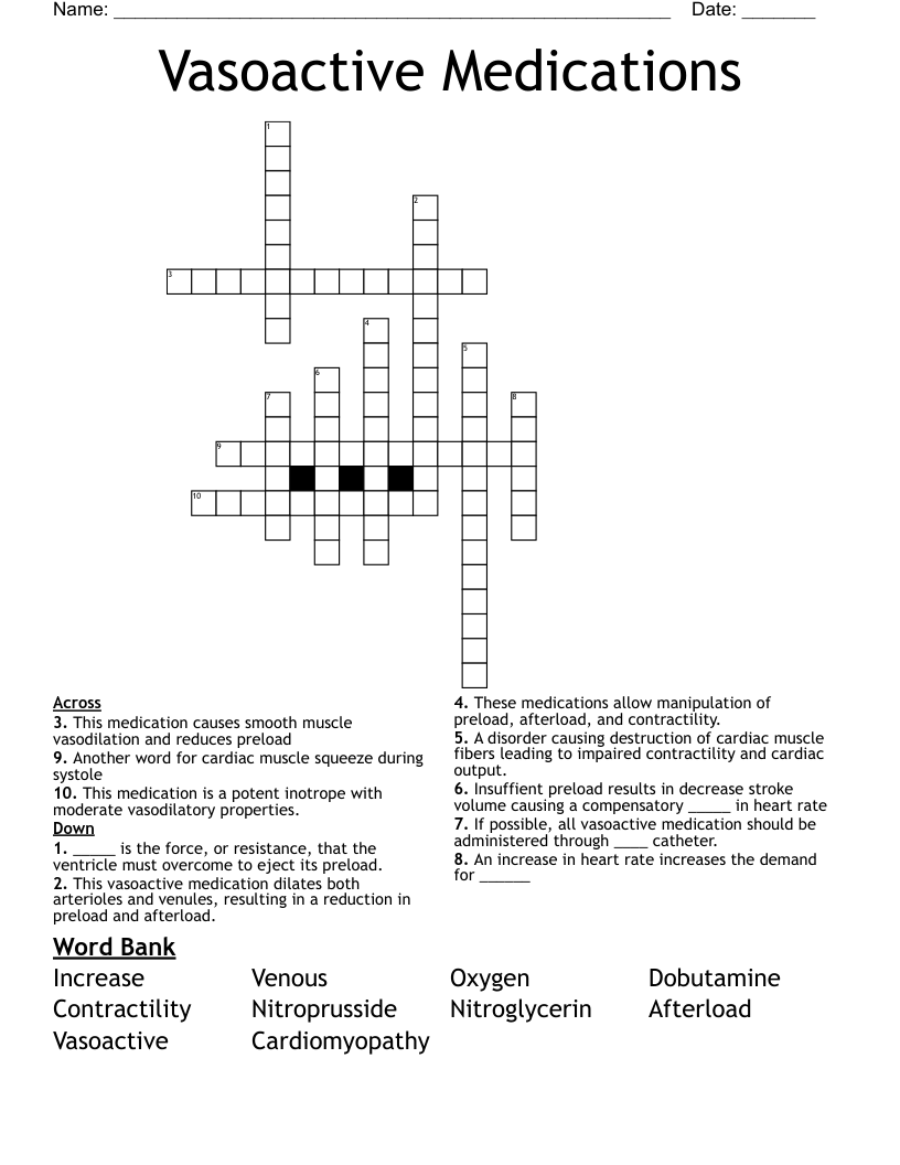 Vasoactive Medications Crossword
